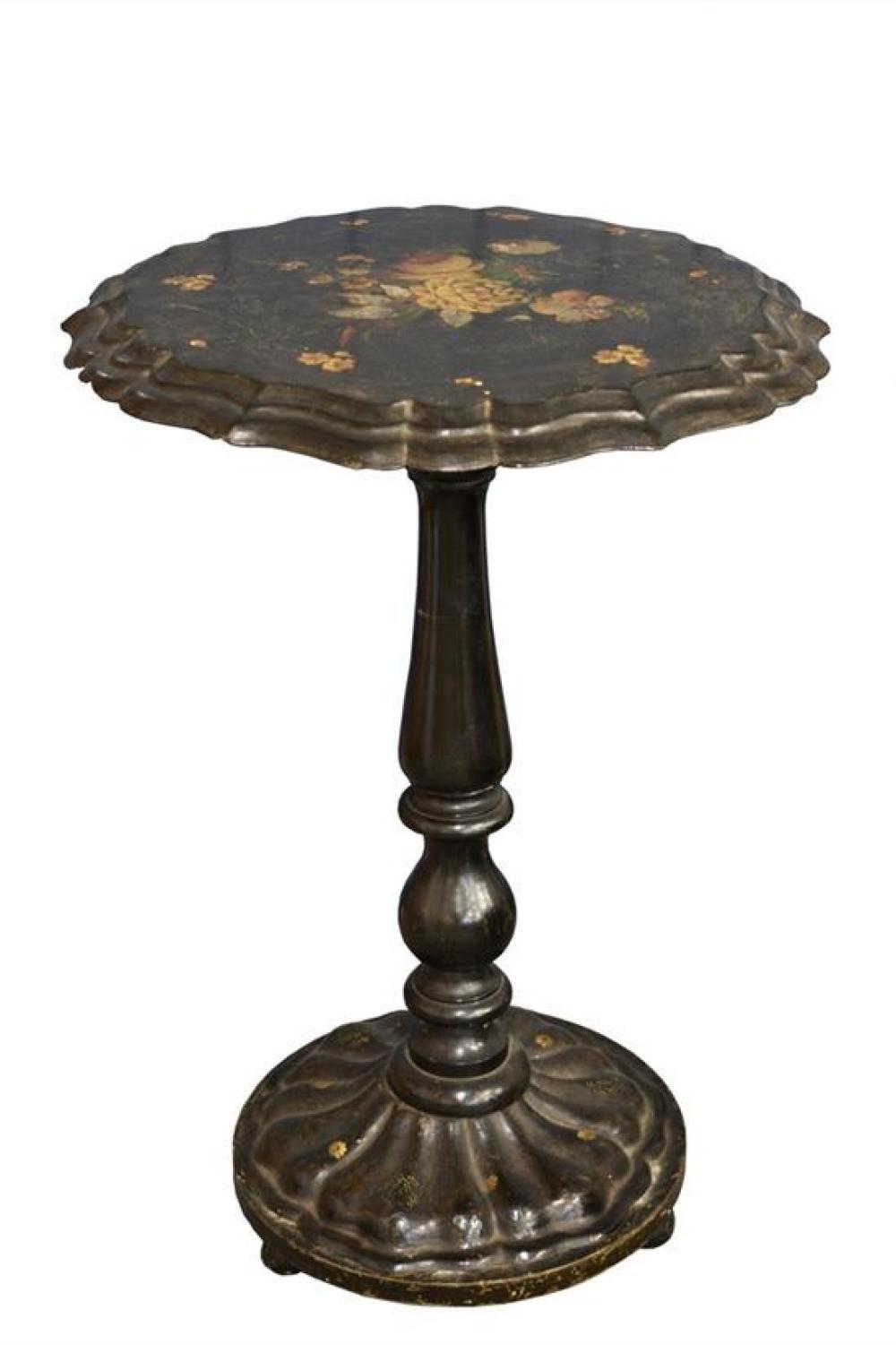 A Victorian papier-mache and mother-of-pearl tilt-top table the scalloped top on a baluster column,