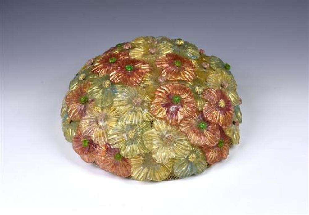 An Art Deco Murano glass flower ceiling light the basket with attached Murano glass moulded flower heads in pinks blues and clear gl...