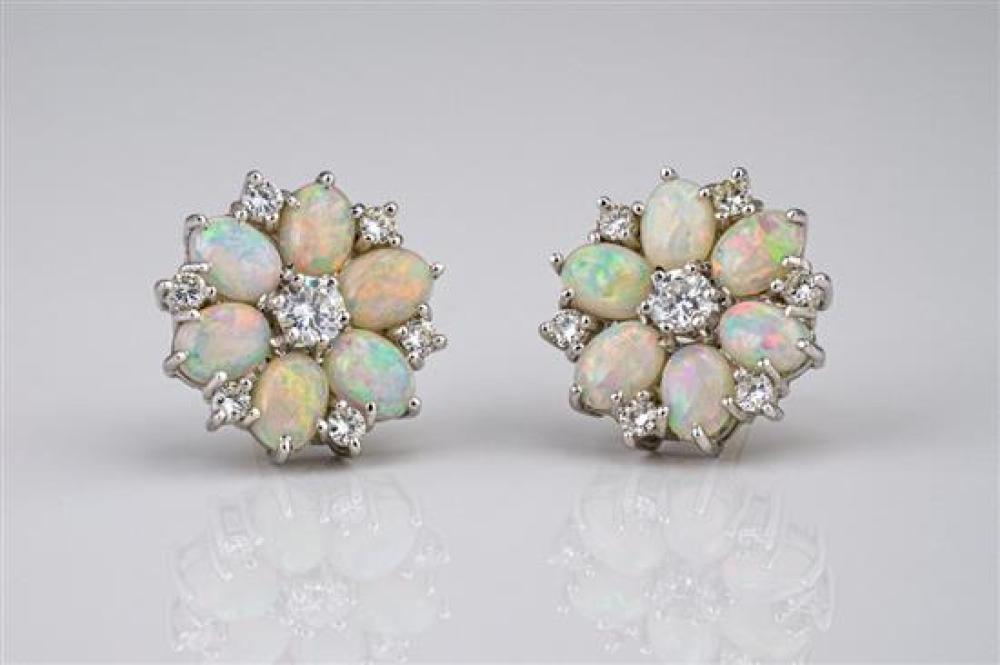 A fine pair of 18ct white gold, opal and diamond floral earrings