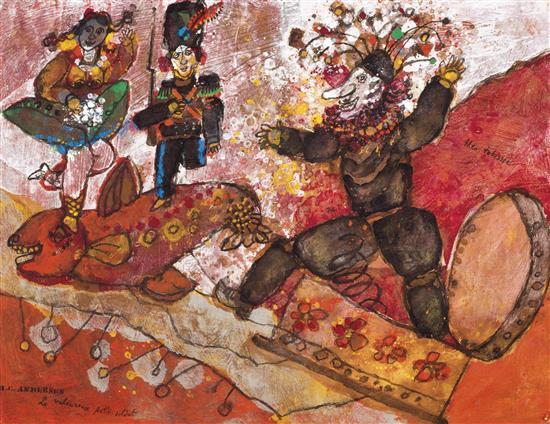 **Theo Tobiasse 1927-2012 (French) H.C. Andersen, Le valeureux petit soldat, 1974 gouache, acrylic, ink and printed paper on paper mou.