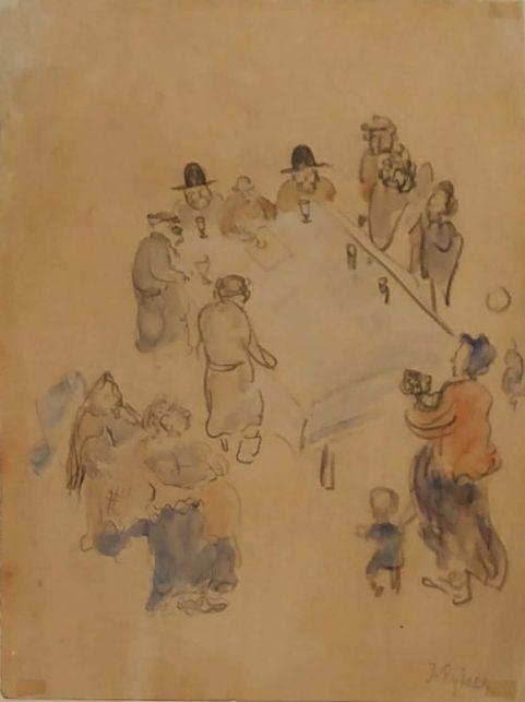 Issachar Ber Ryback 1897-1935 (Ukrainian, French) Shabbat meal watercolor on paper