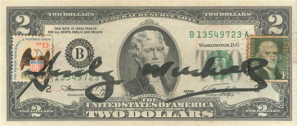 **Andy Warhol 1928-1987 (American) Two dollars bill, Thomas Jefferson, c.1975-1980 black marker on two dollars bill