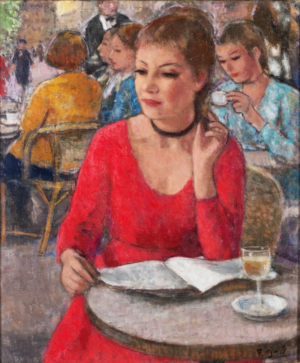 **Francois Gall 1912-1987 (French) Eugenie en rouge, lecture au cafe, Paris, 1970's oil on canvas