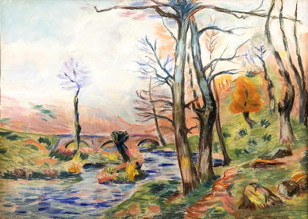 **Armand Guillaumin 1841-1927 (French) Bridge and river landscape pastel and gouache on cardboard