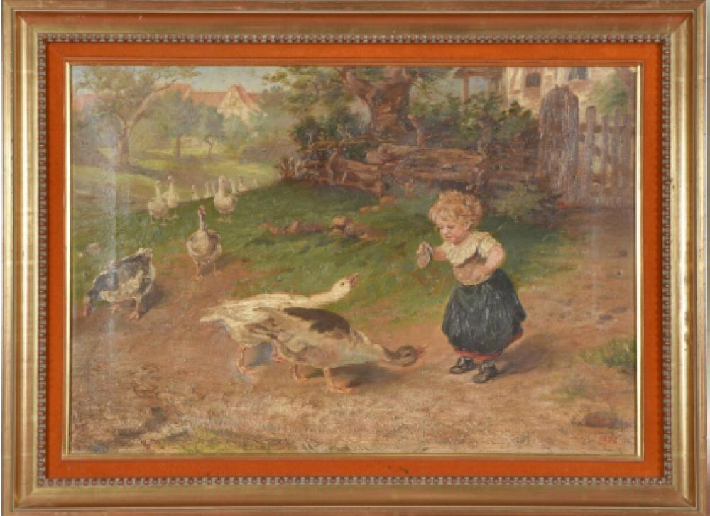 **L. RETTING (end of the 19th century) Child feeding geese, 1893 oil on canvas