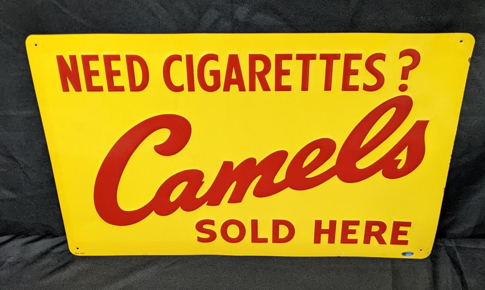 EMBOSSED TIN SIGN CAMEL CIGARETTES SOLD HERE