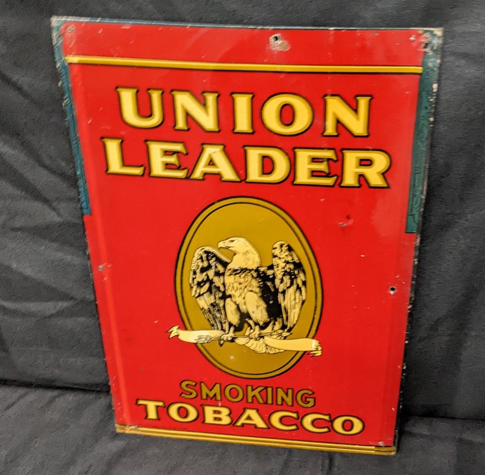 TIN SIGN UNION LEADER SMOKING TOBACCO