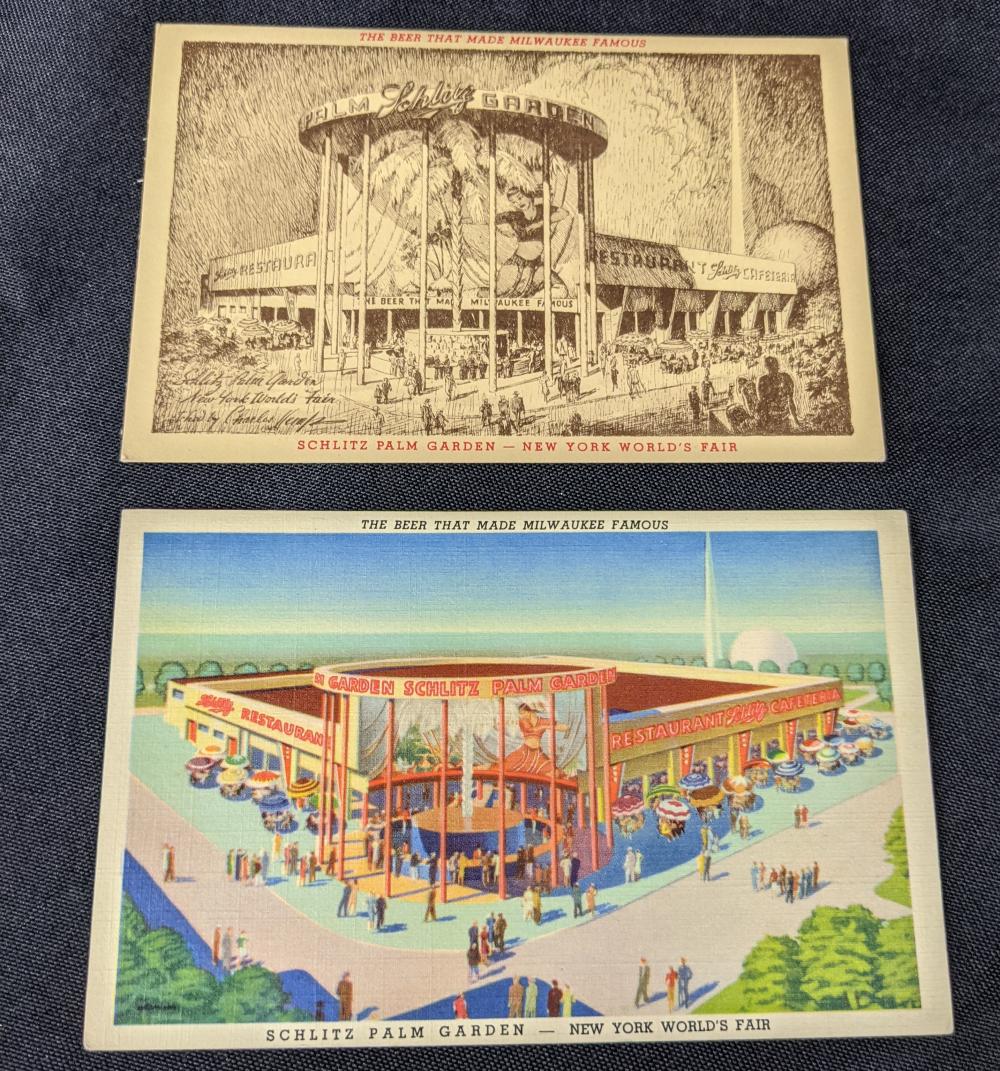 2 NEW YORK WORLDS FAIR SCHLITZ BEER POST CARDS