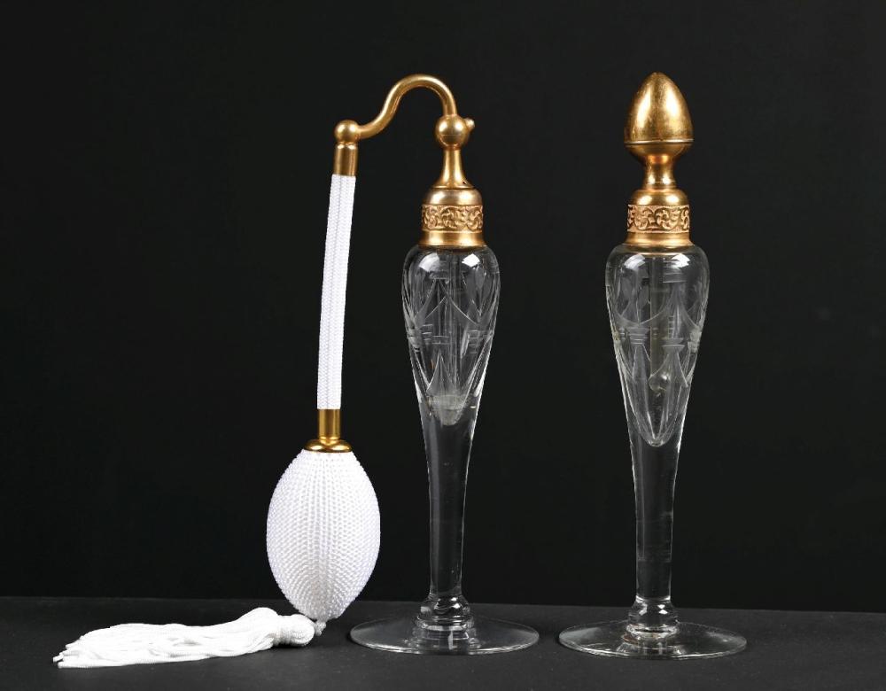 LOT OF 2: DEVILBISS CLEAR CUT GLASS PERFUME BOTTLE & ATOMIZER