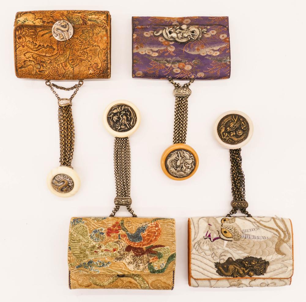 old tobacco pouches Sold at Auction: 4pc Old Japanese Sagemono Tobacco Pouches with Manju  Netsuke 4''x5.5'' Approx