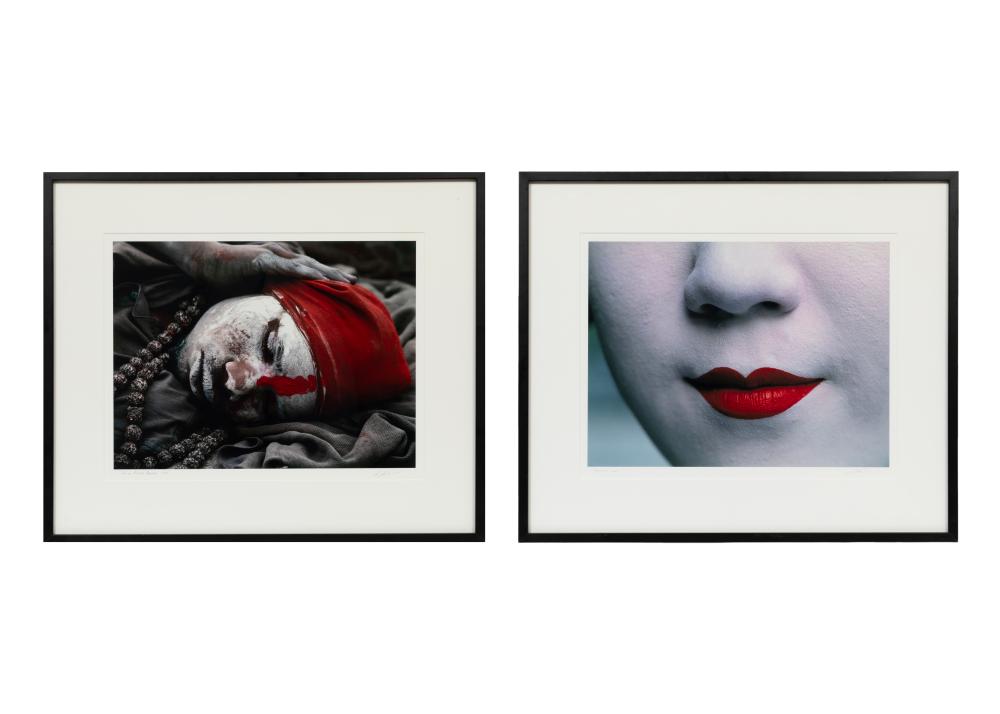 Lisa Kristine, American/California b. 1965, "White Faced Beggar " and "Geisha", 2 c-prints laid on board