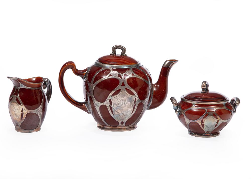 Lenox Brown Glazed Silver Overlay Tea Service