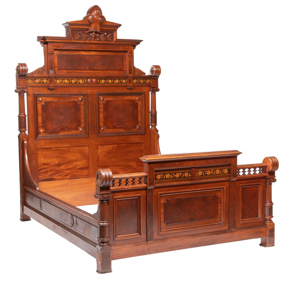 American Late Renaissance/ Early Aesthetic Burl Amboyna, Mahogany and Marquetry Bedstead h. 88 in., w. 59 1/2 in., d. 79 1/2 in.