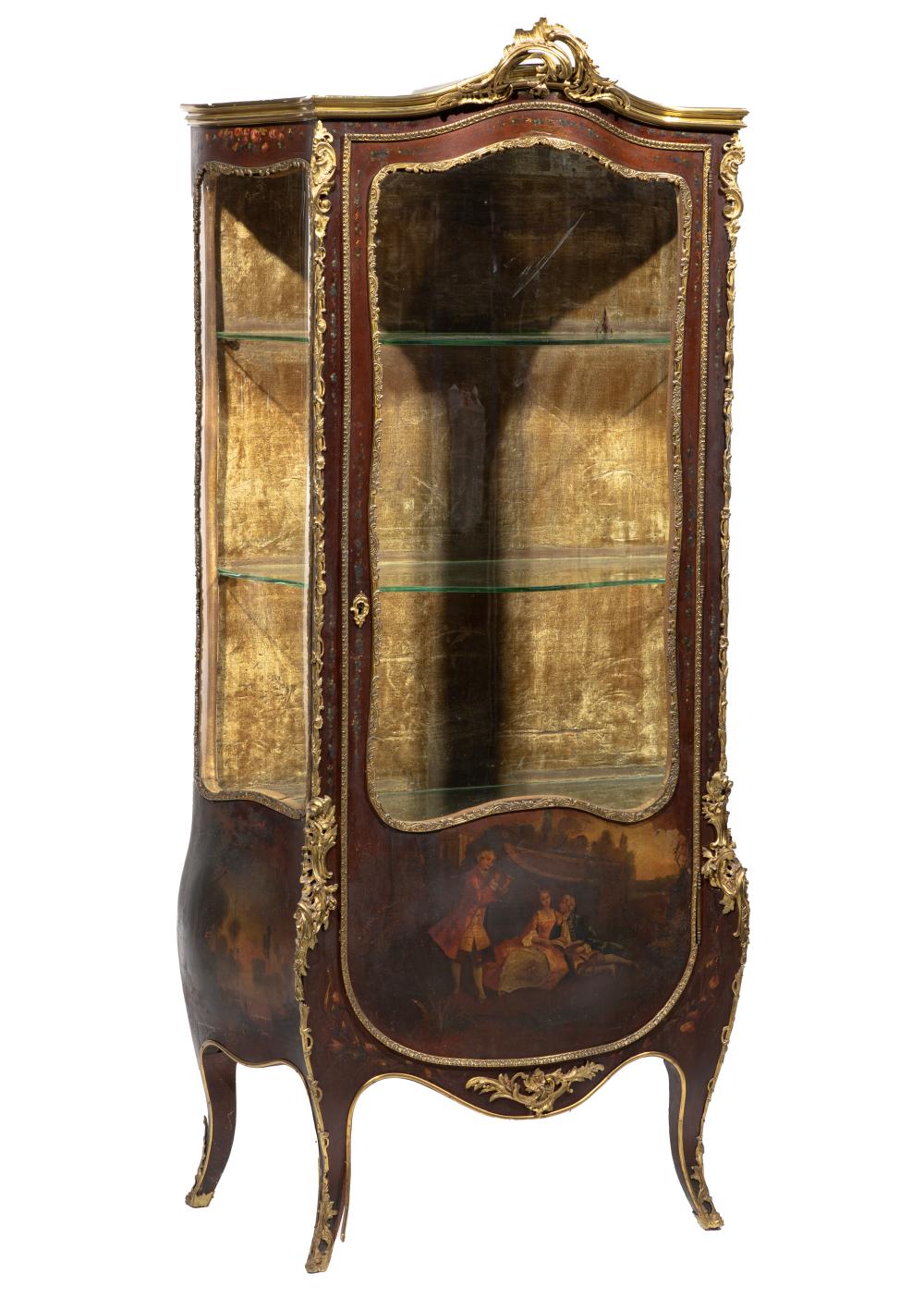 Louis XVI-Style Bronze-Mounted "Vernis Martin" Inlaid Mahogany Vitrine 71 x 35 x 17 in. (180.3 x 88.9 x 43.2 cm.)