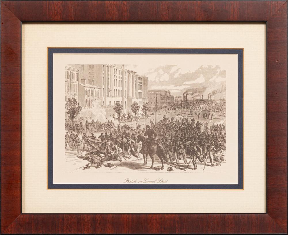 Group of Four New Orleans History Prints, including "Rex 1885", "Rainstorm in New Orleans", "Battle on Canal Street" and "The Carnival - Masquerade at the Varieties Theatre", 4 reproduction prints, each titled lower m...