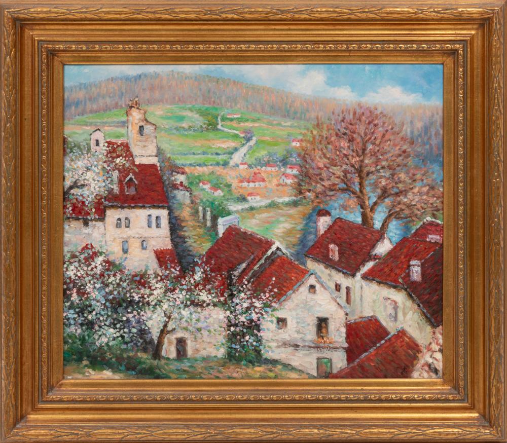 Continental School 20th c., "View of a Hilltop Village", oil on canvas