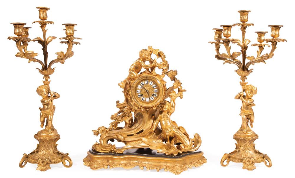 Gilt Bronze Three-Piece Clock Garniture