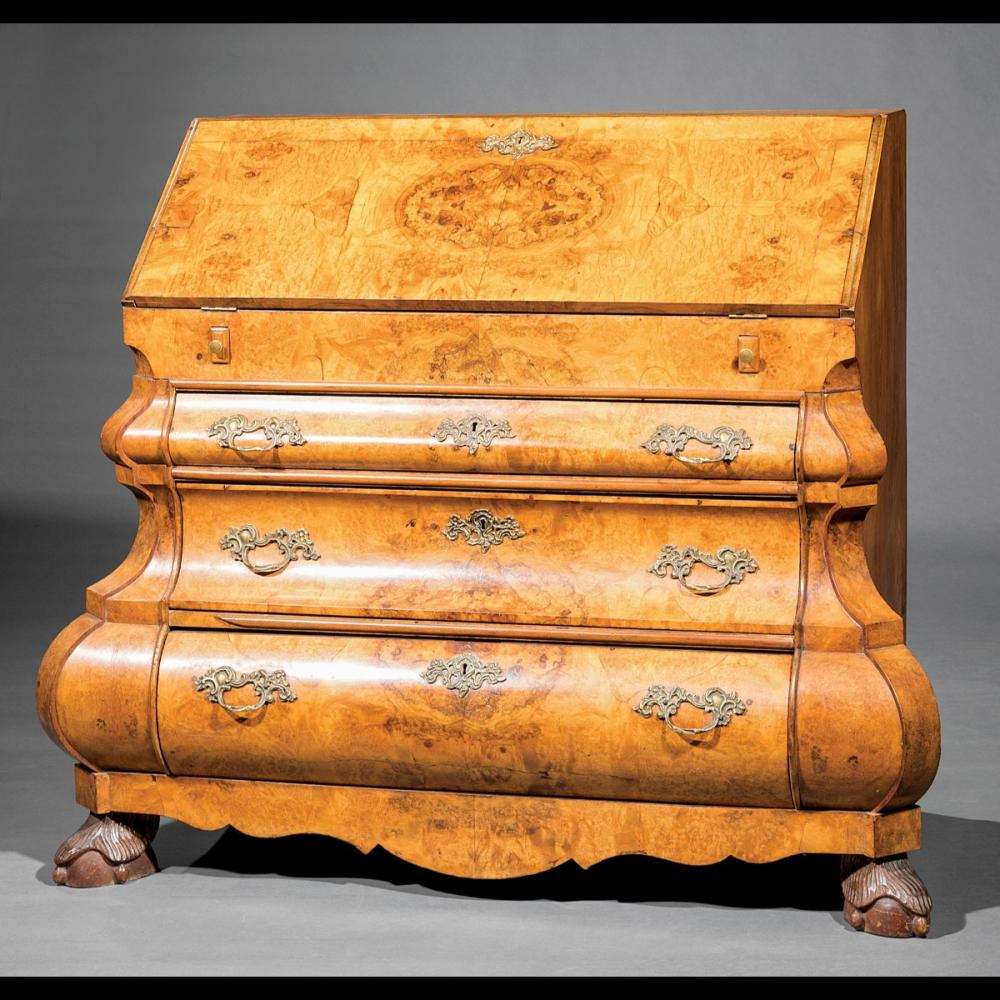Continental Burl Walnut Bombe Desk