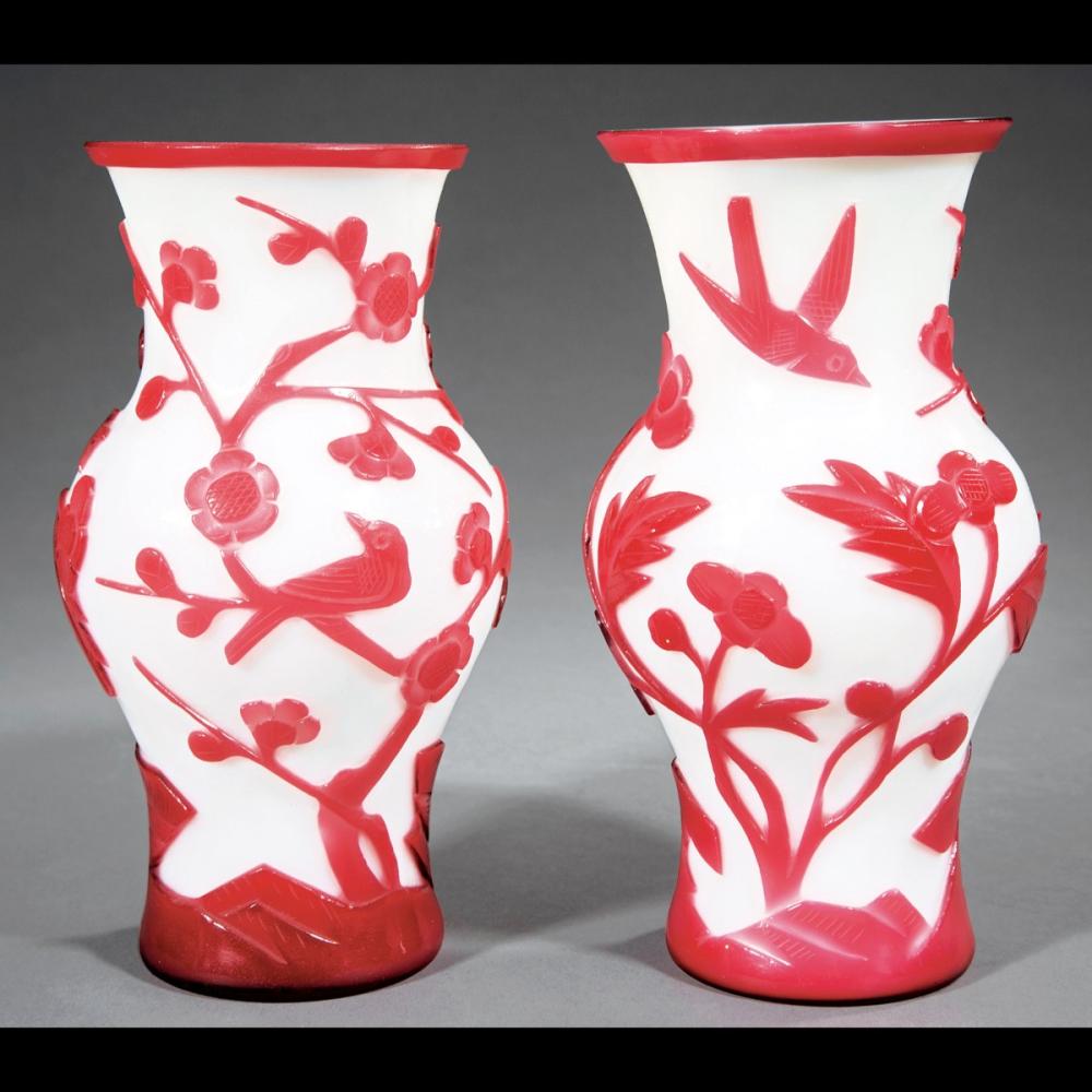 Chinese Ruby Red Overlay White Glass Vases