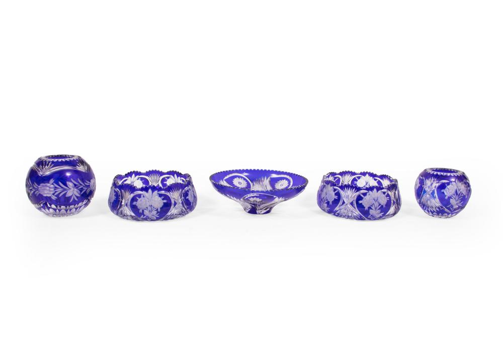 Five Bohemian Blue Cut-to-Clear Glass Items