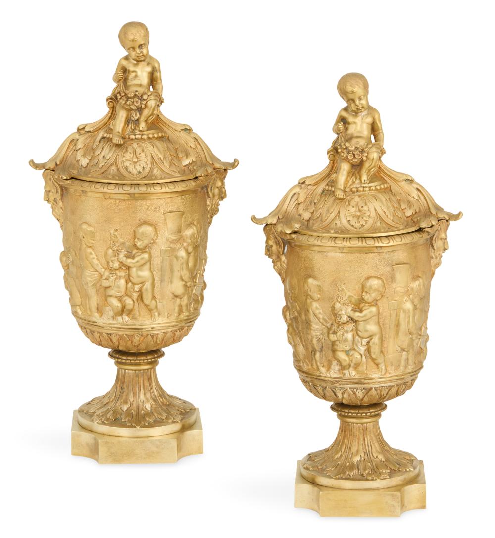 Pair of French Gilt-Bronze Covered Urns
