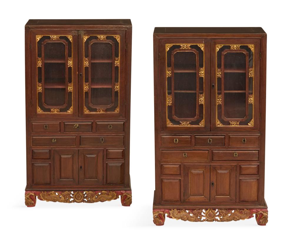 Pair of Chinese Parcel-Gilt Hardwood Cabinets