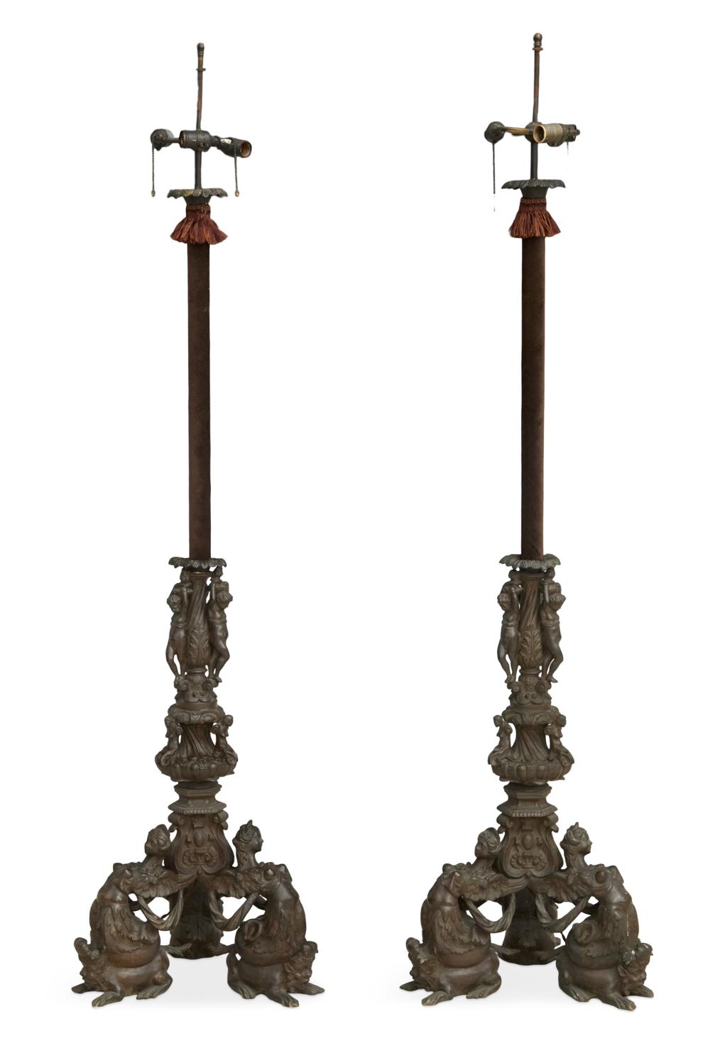 Pair of Italian Patinated Bronze Figural Floor Lamps