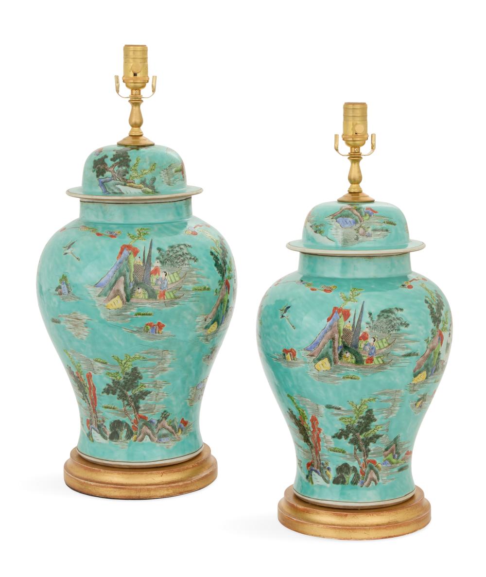 Pair of Chinese Export Porcelain Ginger Jar Lamps