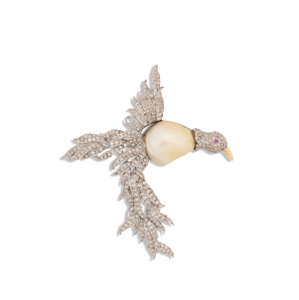Diamond, Pearl and Ruby Bird Brooch/Pendant