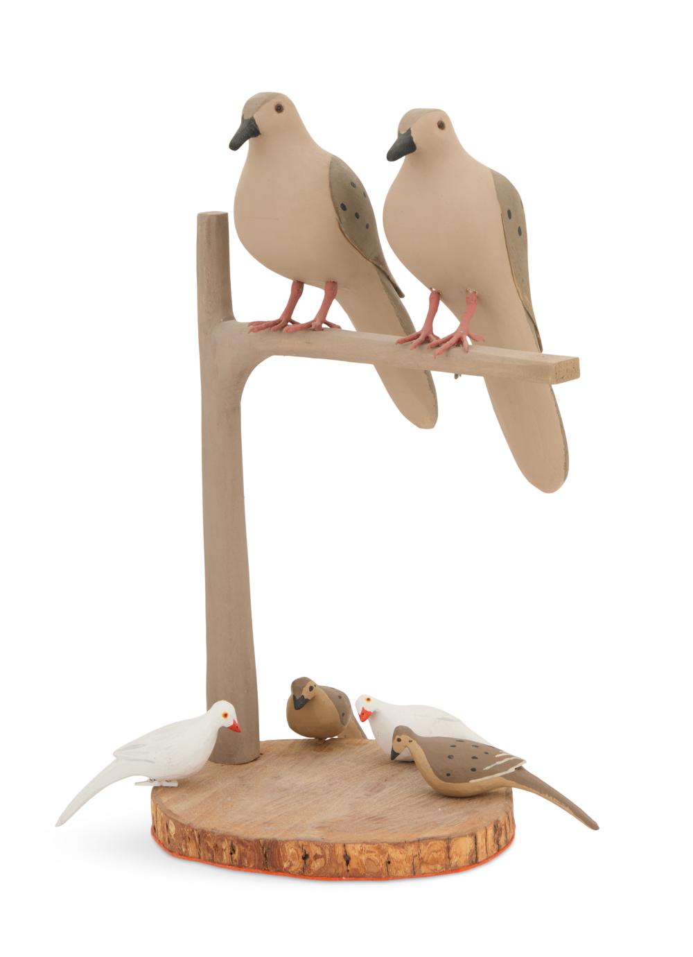 Octave Monnier (American/Raceland, LA, 1921-2000), "Two Doves Perched on Branch and Four Miniature Doves"