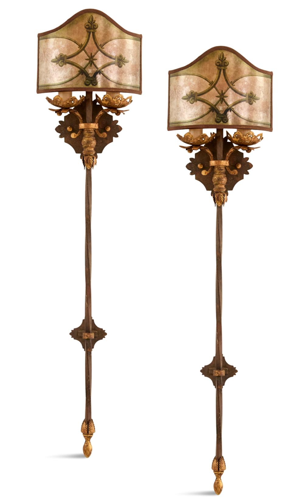 Pair of Patinated and Parcel-Gilt Metal Sconces
