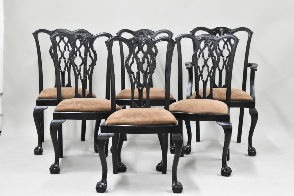 Set of 6 Chippendale Style Black Painted Dining Chairs