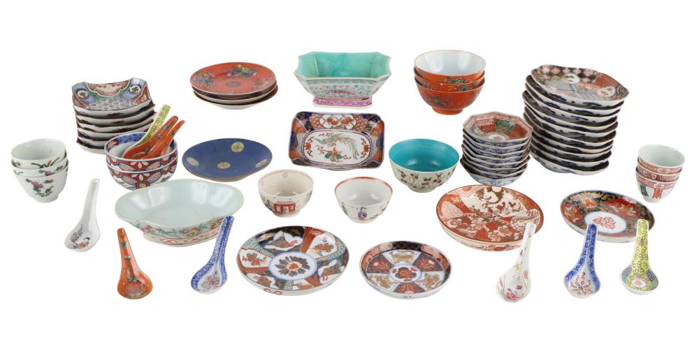 Group of Asian Polychrome Bowls, Dishes, and Spoons