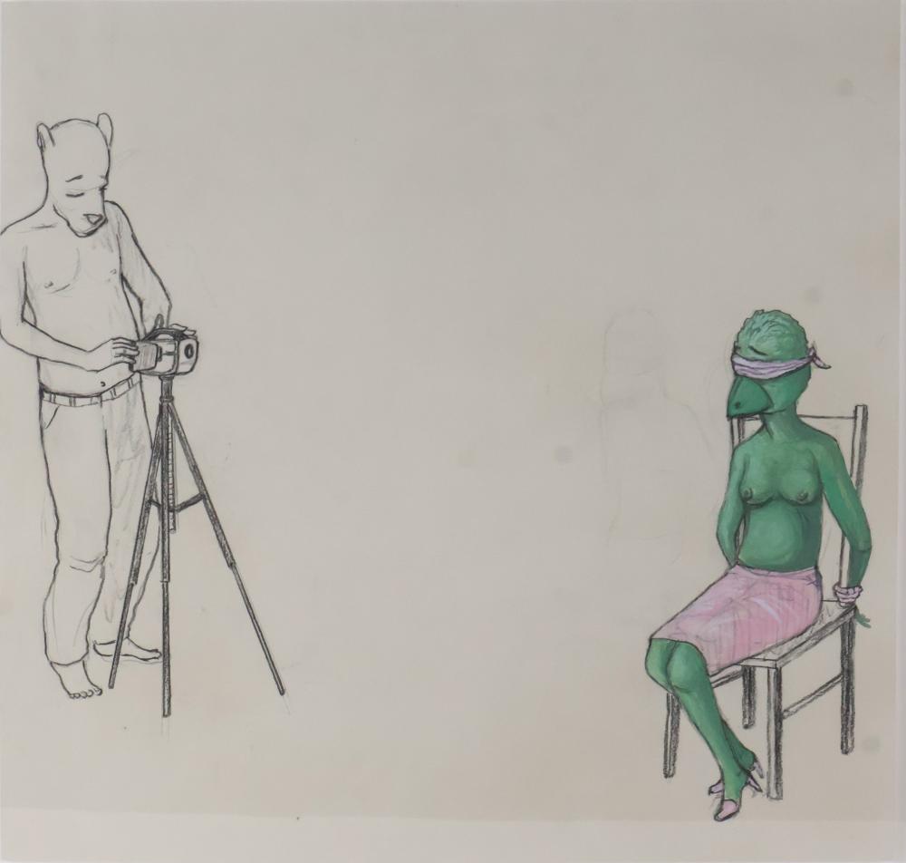 Kojo Griffin, 1971-, Untitled (Man Photographing Woman), Mixed Media on Paper