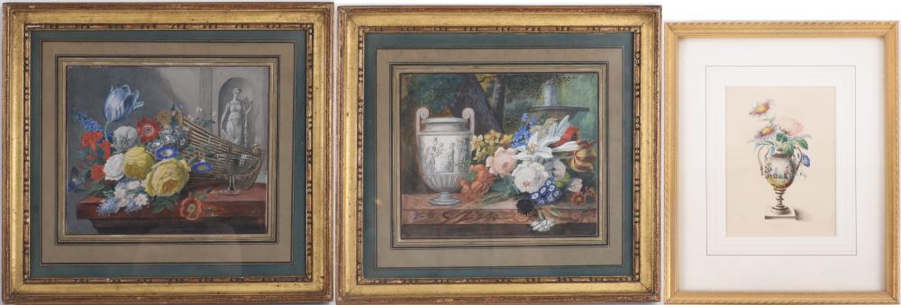 Still Life with Flowers and Classical Accoutrements, Pair of Watercolors