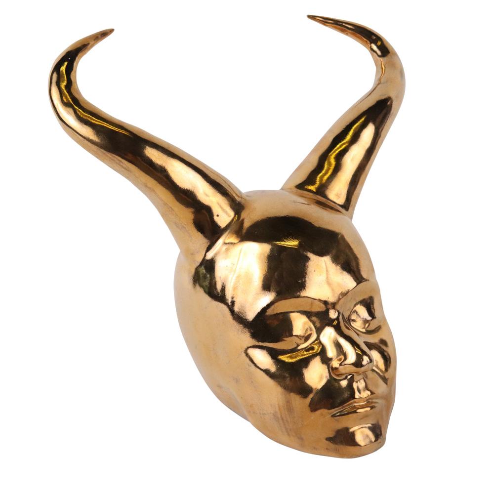 Gilt Ceramic Sculpture, Horned Human Head 11"h x 11"w x 8"d