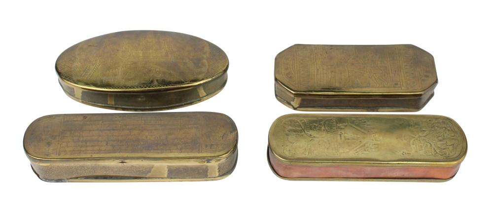 Four Engraved Brass Tobacco Boxes