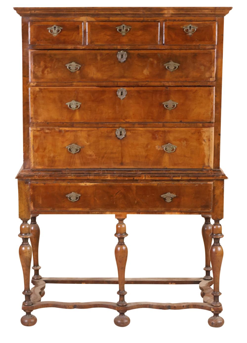 Baroque Walnut Veneered Tall Chest of Drawers