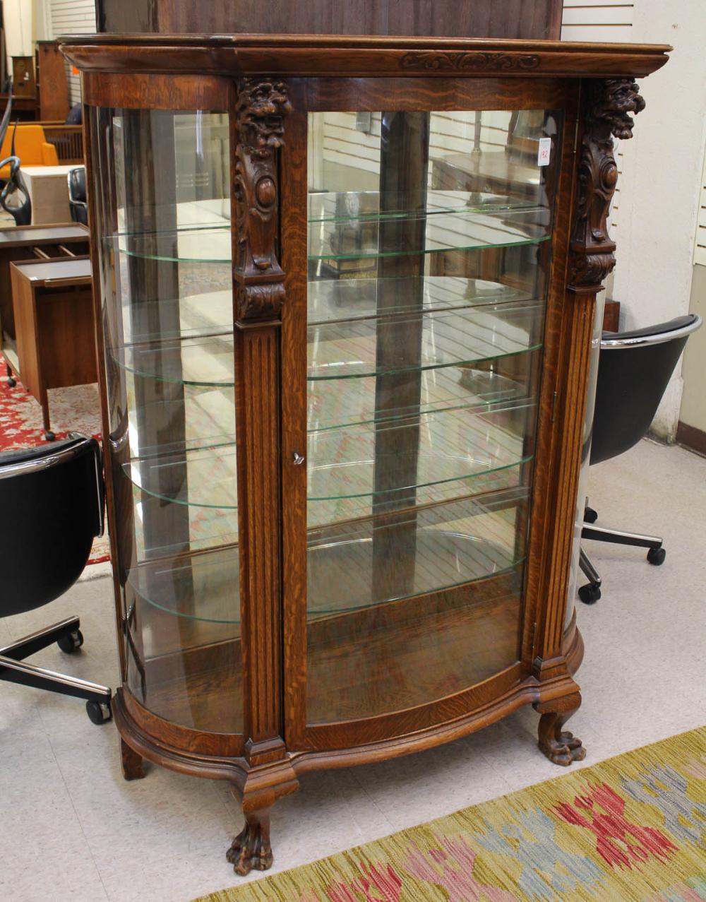 LATE VICTORIAN OAK & CURVED GLASS CHINA CABINET