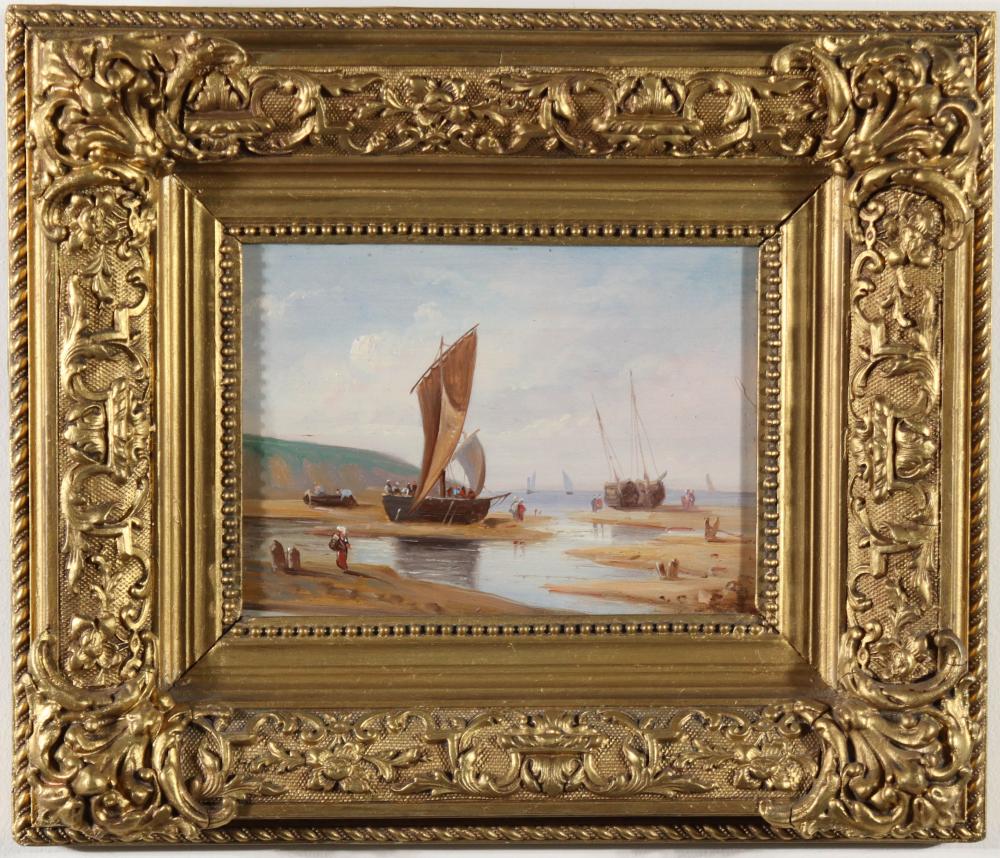 DUTCH OIL ON WOOD PANEL, BEACHED FISHING BOATS