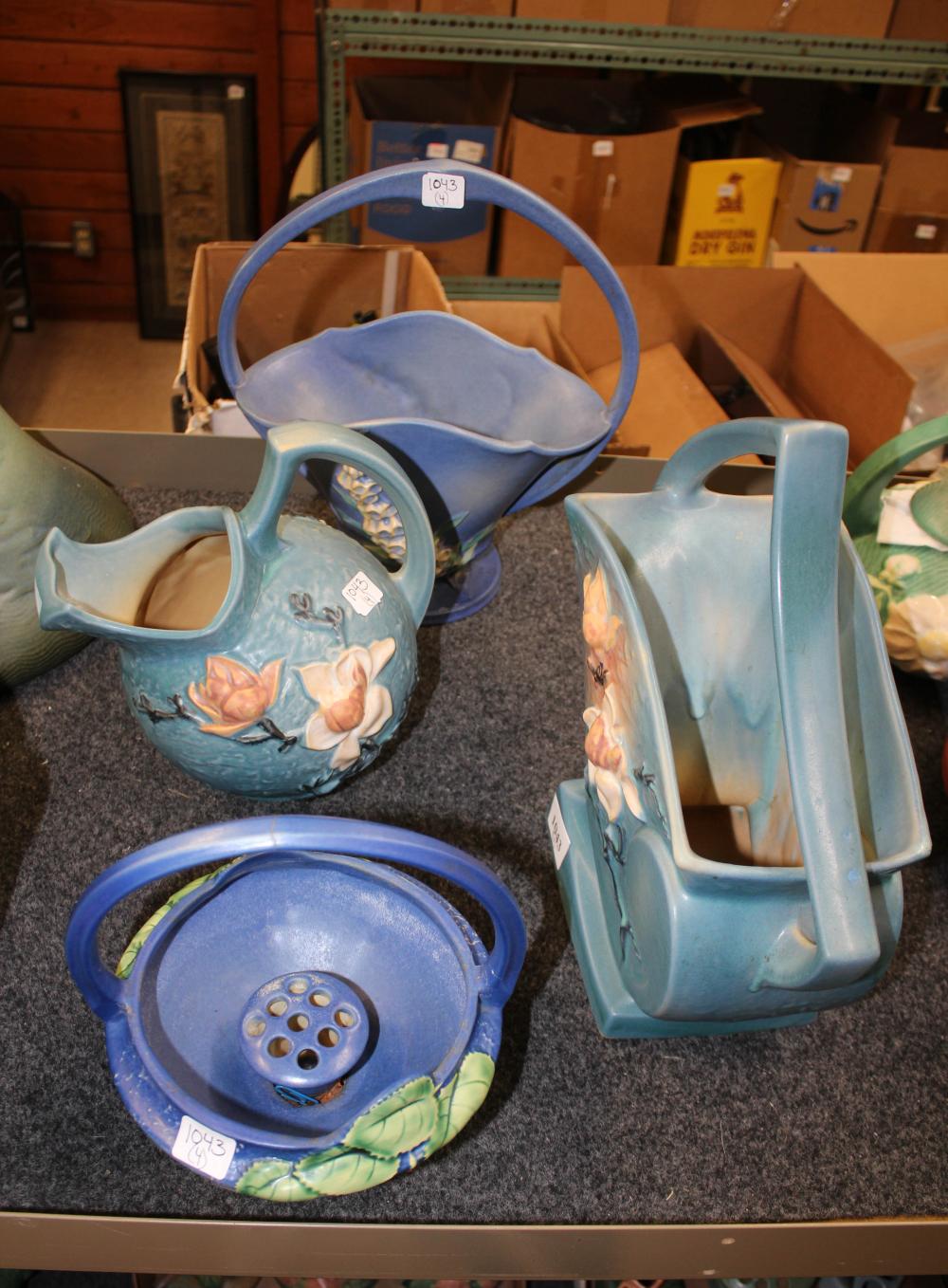 FOUR ROSEVILLE POTTERY:, BASKET 375-12, BASKET 350-8, BASKET 386-12, PITCHER 132-7