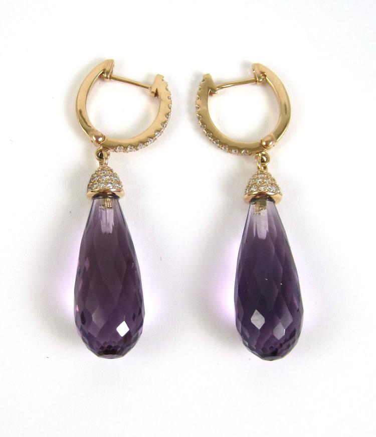 PAIR OF AMETHYST AND DIAMOND DANGLE EARRINGS, each
