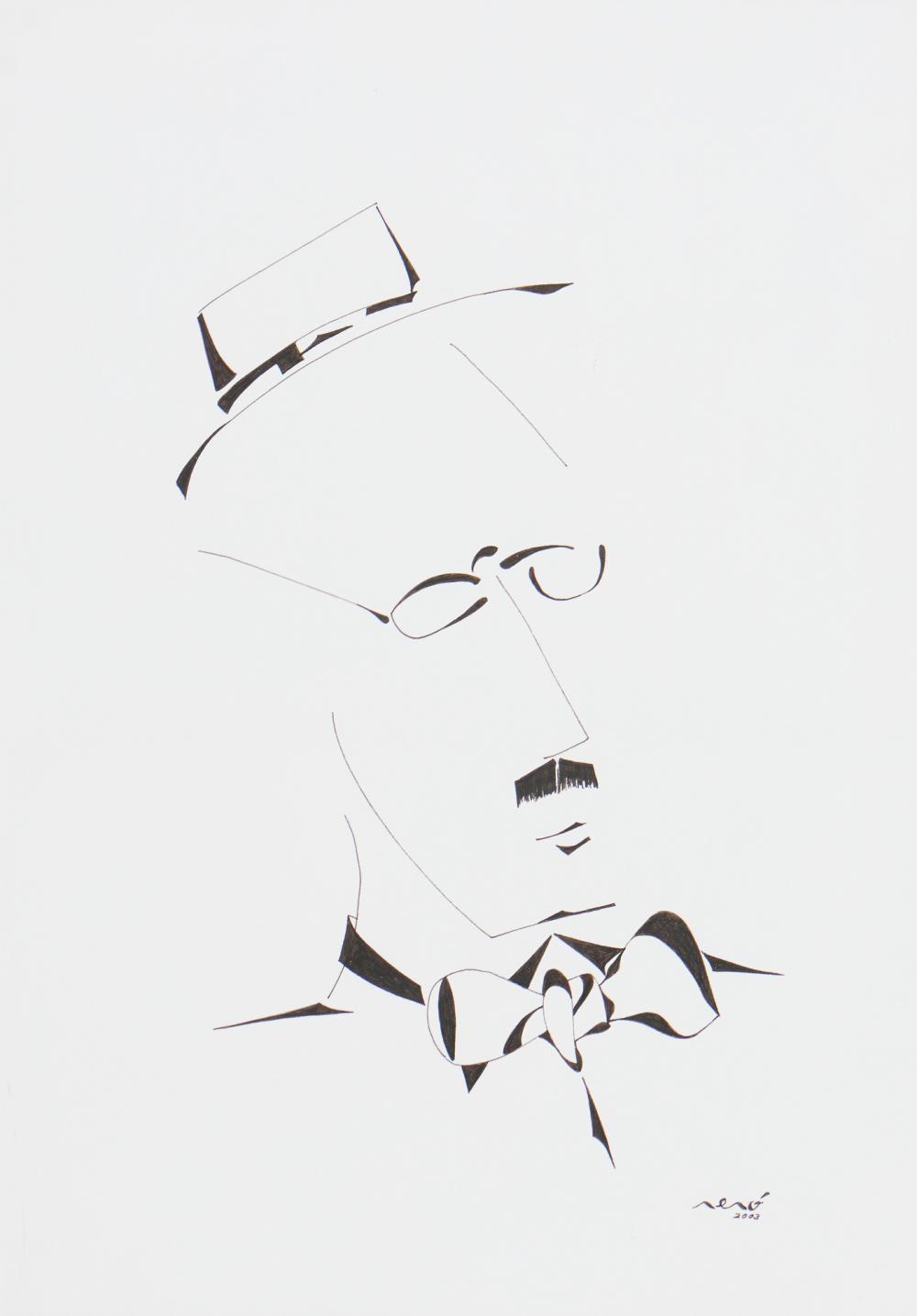 NENÓ, José António Figueiredo Costa Fernando Pessoa Desenho a tinta sobre papel Assinado e datado de 2003 Dim. aprox.: 50 x 34,5 cm.
