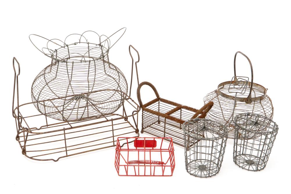 A Vintage Bottle Carrier, Two Vintage Egg Baskets and More