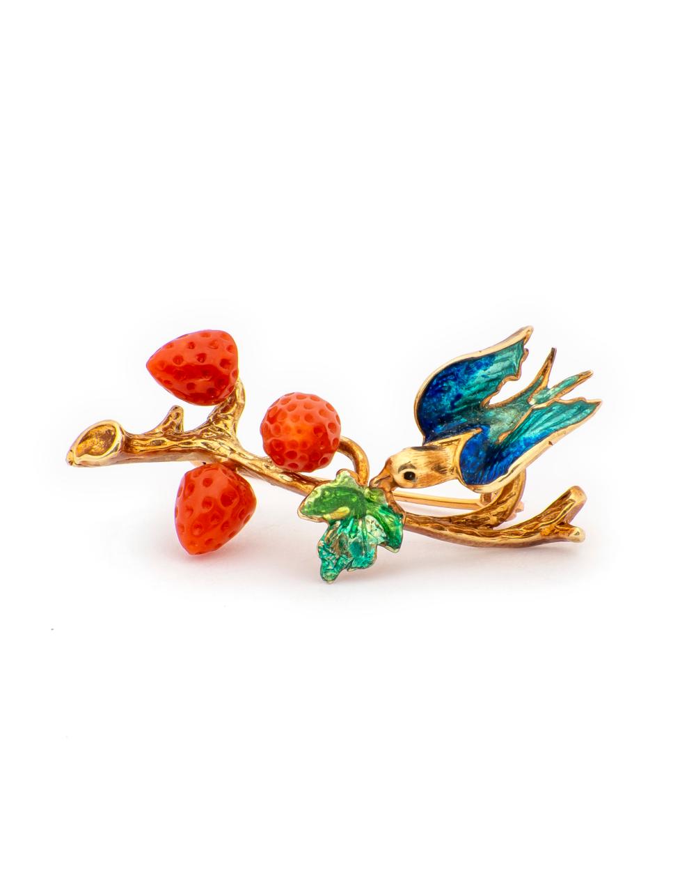An Antique Binder Bros. 14K Gold, Enamel and Coral Bird Brooch