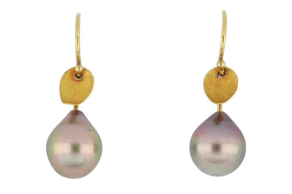 Pair of 18ct gold Tahitian pearl drop earrings, 4.8 grams