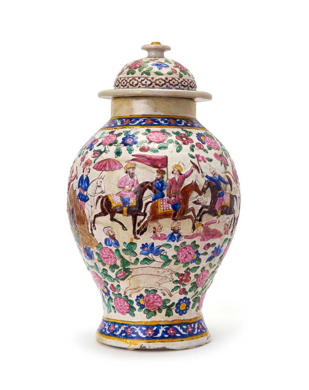 A LARGE FIGURAL HORSERIDER JAR & COVER, QAJAR, 18TH/19TH CENTURY, PERSIA