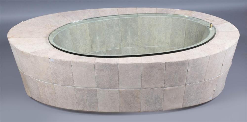 R & Y AUGOUSTI SHAGREEN VENEERED COFFEE TABLE 16 1/2 x 53 x 30 in. (41.91 x 134.62 x 76.20 cm.)