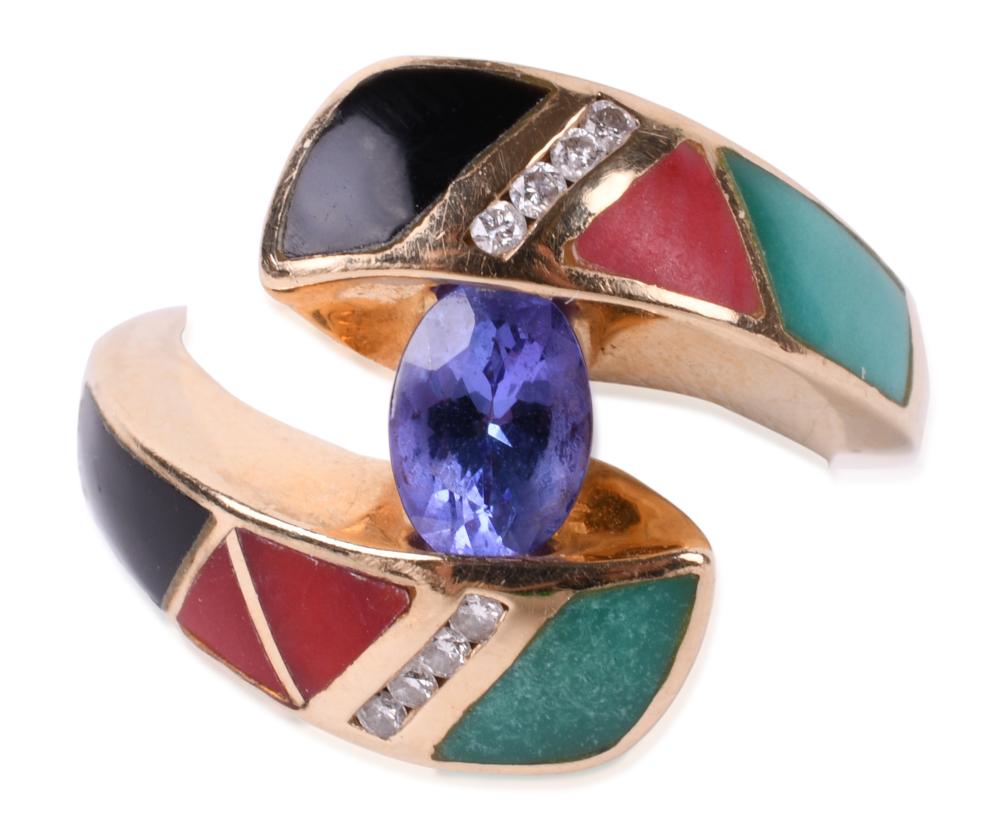 14K YELLOW GOLD TANZANITE DIAMOND AND MULTICOLORED HARDSTONE RING