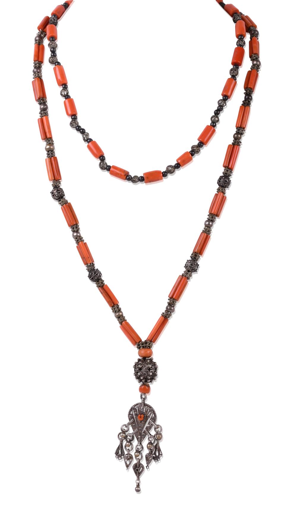 TWO ASIAN CORAL AND SILVER VINTAGE NECKLACES